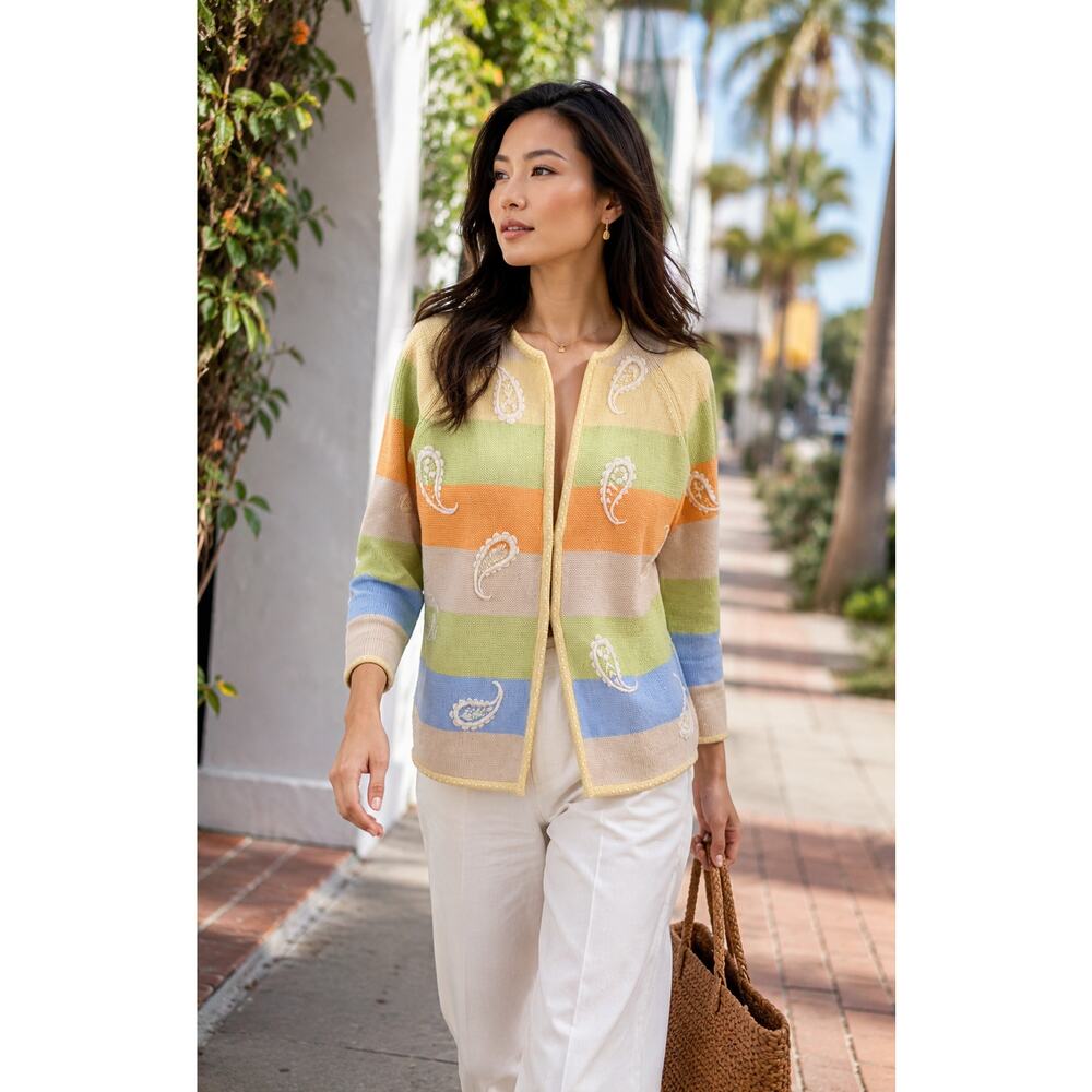 Vintage Lilly Of California Silk Cardigan Paisley Stripe Sweater L Pastel